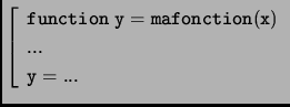 $ \left[\begin{array}{l} \mathtt{function\ y=mafonction(x)}\\
\mathtt{...}\\
\mathtt{y=...}
\end{array}\right.$